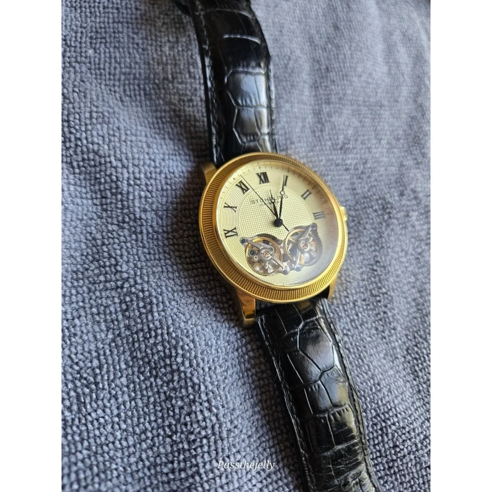 Stuhrling Mens Watch Automatic Dual Time Skeleton Leather ST9S001 40 Jewels